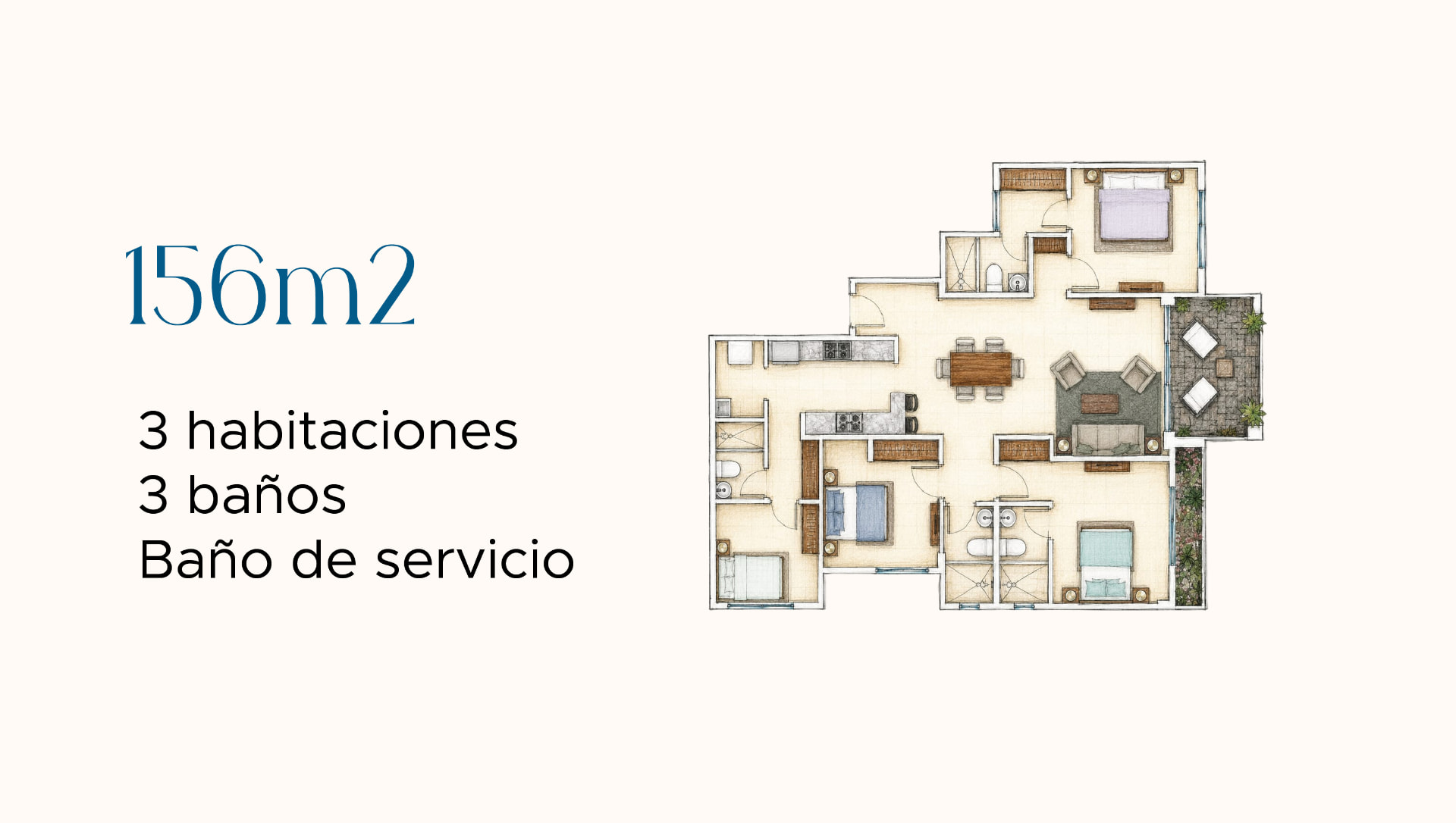 Planta de distribución Tipo D — 3 recámaras · 3 baños en Costamare
