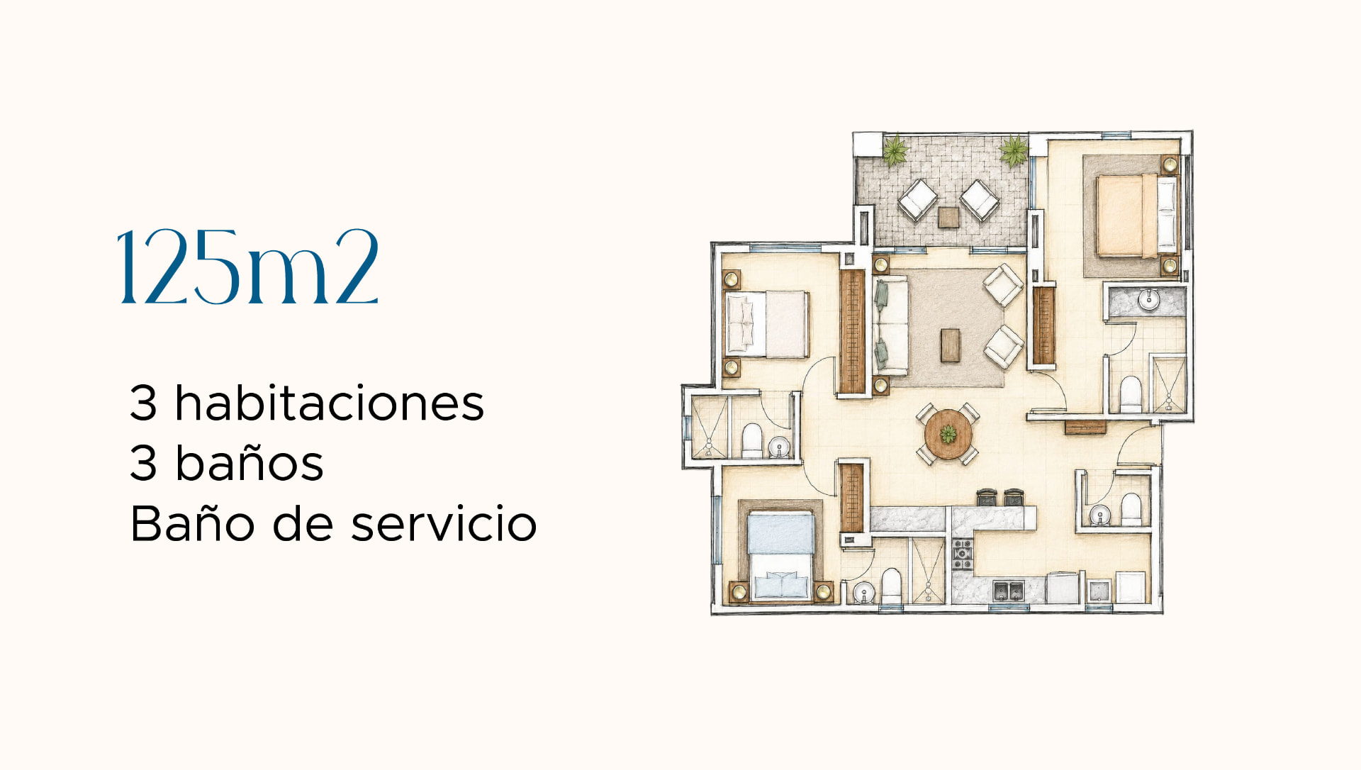 Planta de distribución Tipo B — 3 recámaras · 3 baños en Costamare
