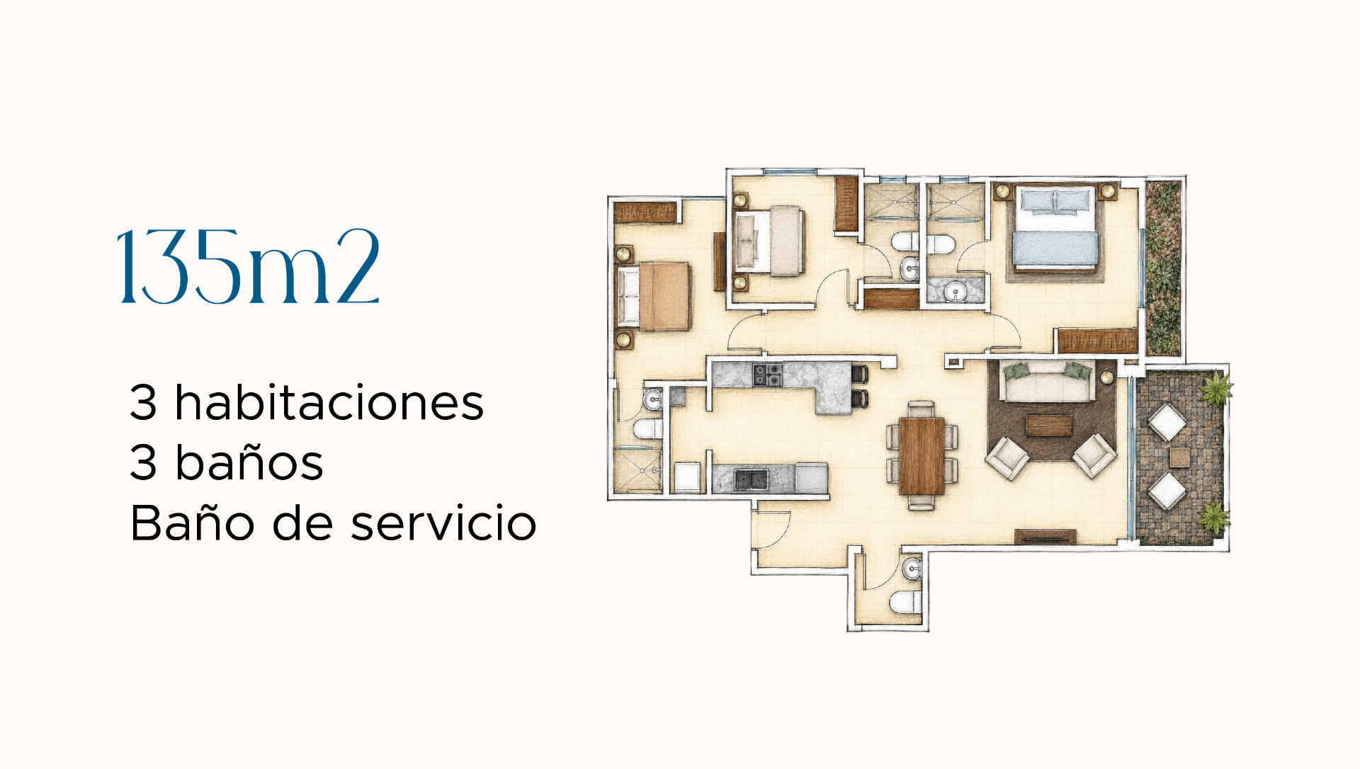 Planta de distribución Tipo C — 3 recámaras · 3 baños en Costamare
