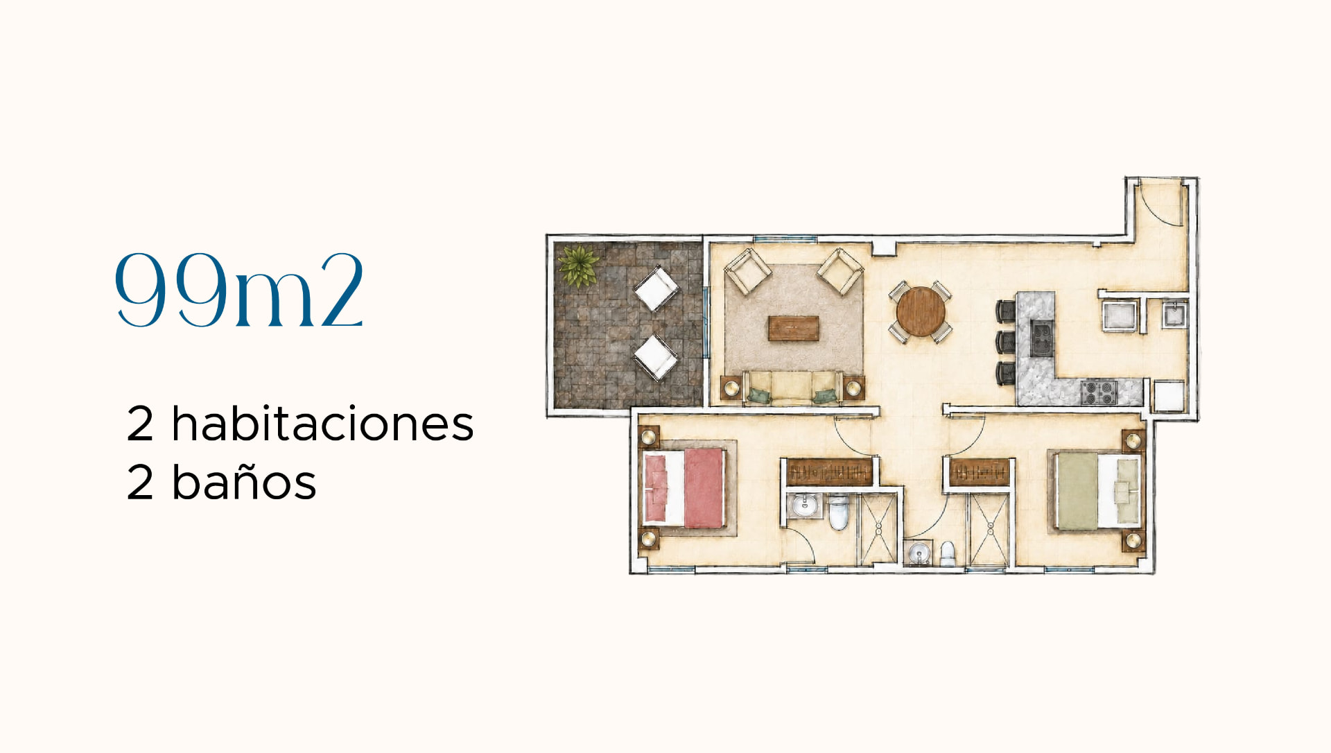 Planta de distribución Tipo A — 2 recámaras · 2 baños en Costamare